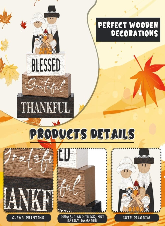 Quzzil 4 Pcs Thanksgiving Table Decor for Home Pilgrim Couple Wooden Signs with Blessed Thanksgiving Autumn Tiered Tray Decor Turkey Tabletop Centerpiece Grateful Block Signs for Office Kitchen Shelf - Image 5
